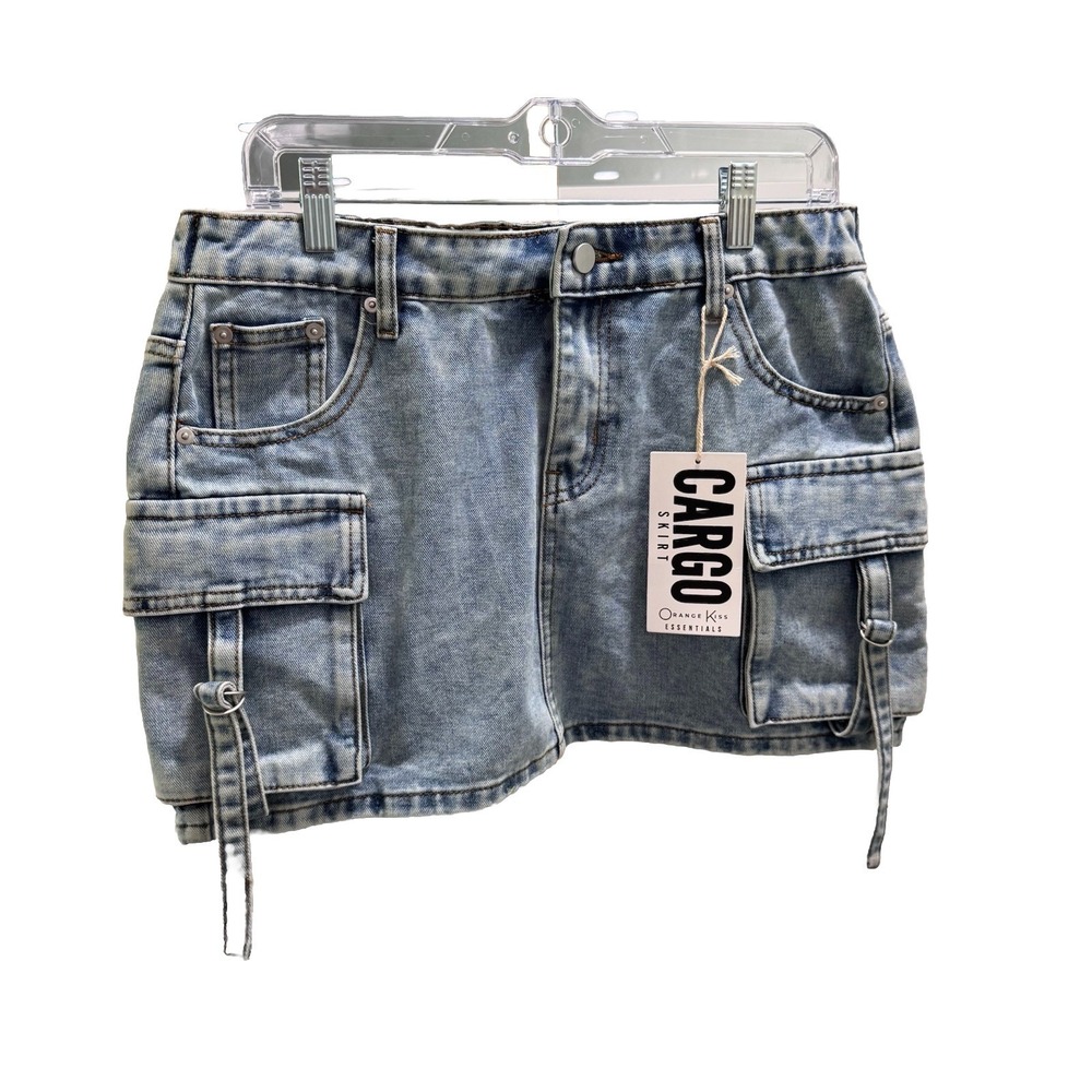 Denim Cargo Mini Skirt Sz M‎  Light Blue Pockets Y2K Style Utility Stretch Jean